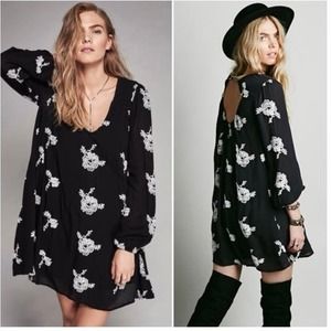Free people Embroidered Emma Long Sleeve Mini Tunic Black White Dress